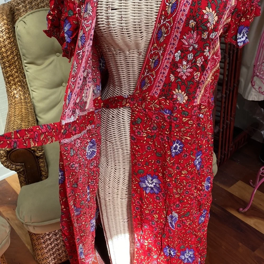 Beautiful front wrap red maxi dress purple flowers Size S